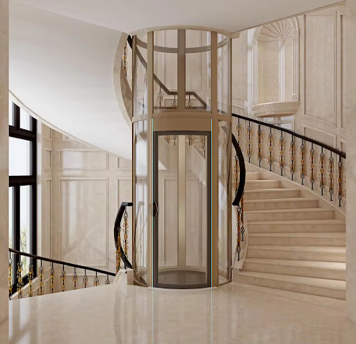 Luxury glass elevator and staircase